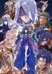  5boys 5girls anatolia_(fire_emblem) armor bertrand_(fire_emblem) black_armor blonde_hair blue_hair breasts cai_(fire_emblem) commentary_request crescent crescent_earrings dark-skinned_female dark-skinned_male dark_skin dietrich_(fire_emblem) earrings fire_emblem fire_emblem:_fortune's_weave gold_choker gold_earrings green_eyes gun high_ponytail highres jewelry konnichi_warou leda_(fire_emblem) long_hair male_eshmel_(fire_emblem) medium_breasts multiple_boys multiple_girls official_art orchel_(fire_emblem) parted_hair ponytail second-party_source sothis_(adult)_(fire_emblem) sothis_(fire_emblem) talimun_(fire_emblem) theodora_(fire_emblem) weapon white_hair yellow_eyes 