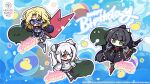  3girls absurdres black_hair blonde_hair blue_eyes carole_reaper chibi chibi_only english_text eye_mask green_eyes hair_bun hair_ornament hairclip happy_birthday heaven_burns_red highres key_(company) mask multiple_girls narby_(heaven_burns_red) natsume_inori official_art red_eyes slime_(creature) white_hair yamawaki_bon_ivar yostar 