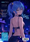  1girl asymmetrical_sidelocks back back_cover bikini blue_bikini blue_choker blue_eyes blue_hair blue_ribbon blue_sarong choker comiket_108 commentary_request cover cover_page double-parted_bangs doujin_cover earrings english_text frilled_bikini frills from_behind hair_between_eyes hair_ribbon highres hololive hoshimachi_suisei jewelry lace-trimmed_choker lace_trim looking_at_viewer looking_back median_furrow medium_hair night outdoors parted_lips pool ribbon sarong shoulder_blades side_ponytail sidelocks sky solo star_(sky) star_(symbol) star_earrings star_in_eye starry_sky swimsuit symbol_in_eye telu_(teluscarlet) virtual_youtuber 