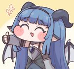  1girl armor blue_gem blue_hair blue_hairband blue_skirt breastplate chibi closed_eyes commentary_request detached_sleeves dragon_girl dragon_horns dragon_wings dress gem hairband high-low_dress highres horns long_hair pointy_ears silphir_(trickcal) skirt solo straight_hair suwa_yasai thumbs_up trickcal wings 