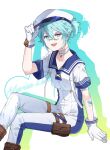  1boy :3 :d adjusting_clothes adjusting_headwear bandaid bandaid_on_arm bandaid_on_face bandaid_on_nose blue_eyes blue_hair blue_sailor_collar bruise bruised_eye commentary_request fang feet_out_of_frame gloves hair_between_eyes hat highres identity_v injury jumpsuit looking_at_viewer luca_balsa male_focus nikunikuoda official_alternate_costume peaked_cap ponytail pouch sailor_collar short_ponytail sidelocks smile solo thigh_pouch thigh_strap white_gloves 