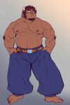  1boy baggy_pants bara barefoot belly commentary_request cow_horns dark-skinned_male dark_skin facial_hair flat_color forked_eyebrows full_body goatee highres horns large_pectorals looking_up male_focus muscular muscular_male mutton_chops navel nipples pants pectorals plump sanpaku short_hair solo standing stomach strongman_waist tatsumonji_yukara tetsuox_(housamo) thick_eyebrows tokyo_afterschool_summoners topless_male 