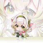  1girl ahoge animal_ears chibi ferret_ears ferret_girl ferret_tail food fruit gradient_hair green_eyes green_hair green_hairband green_leg_warmers green_sweater green_tail hair_between_eyes hair_ribbon hairband jewelry leg_warmers lime_(fruit) lime_slice limealicious long_sleeves looking_at_viewer mistiousstar multicolored_hair necklace overall_shorts overalls pink_overalls ribbon shorts smile solo sweater twintails vinesauce virtual_youtuber white_hair 