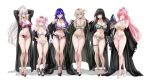  6+girls aemeath_(wuthering_waves) alternate_breast_size_(larger) arms_up black_hair black_robe blonde_hair bra breasts chisa_(wuthering_waves) commentary denia_(wuthering_waves) earrings embroidered_bra embroidered_panties english_commentary green_bra green_panties hair_ornament hair_ribbon high_heels highres hiyuki_(wuthering_waves) jewelry large_breasts long_hair looking_at_viewer lucilla_(wuthering_waves) lynae_(wuthering_waves) m_(1n910) multiple_girls navel panties pink_hair ponytail purple_bra purple_eyes purple_hair purple_panties red_eyes red_ribbon ribbon robe simple_background smile standing stomach thigh_strap underwear white_background white_bra white_hair white_panties wuthering_waves 