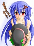 :t anger_vein blue_hair blush collarbone food fruit hat hat_removed headwear_removed hinanawi_tenshi kokujuuji leaf long_hair nude peach red_eyes simple_background solo touhou translation_request 