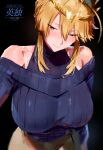  1girl absurdres ahoge artoria_pendragon_(fate) artoria_pendragon_(lancer)_(fate) bare_shoulders blonde_hair blue_sweater blush breasts brown_skirt commentary crown fate/grand_order fate_(series) green_eyes highres igiroitsu large_breasts long_hair long_sleeves looking_at_viewer off_shoulder ribbed_sweater sidelocks skirt smile solo sweater 