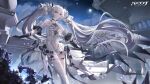  absurdres bare_shoulders black_gloves claw_ring closed_mouth commentary_request detached_sleeves dress gloves highres long_hair looking_at_viewer luna:_oblivion_(moonlight_soliloquy)_(pgr) luna_(pgr) mechanical_wings official_alternate_costume official_art punishing:_gray_raven second-party_source single_wing twintails white_dress white_hair white_wings wings 