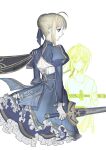 2girls aged_down ahoge artoria_pendragon_(fate) blonde_hair blue_dress blue_ribbon braid braided_base bun_with_braided_base child clothing_cutout commentary cropped_torso dress fate/stay_night fate_(series) from_behind green_eyes hair_bun hair_ribbon highres holding holding_sword holding_weapon honkai:_star_rail honkai_(series) iori_t101010 juliet_sleeves long_sleeves multiple_girls puffy_sleeves ribbon saber_(fate) saber_(honkai:_star_rail)_(fate) shirt simple_background sword weapon white_background 