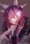  1girl absurdres aiguillette arm_strap bow brown_background bug butterfly closed_eyes closed_mouth coat columbina_(genshin_impact) commentary eye_mask fatui_coat feathered_wings fur-trimmed_coat fur_trim genshin_impact hair_between_eyes hair_ornament hair_tubes hand_up head_wings highres lapels linh_ceecee long_hair long_sleeves mask multiple_wings pink_hair sidelocks simple_background smile solo unfinished upper_body white_bow white_butterfly white_coat white_mask wings wrist_bow x_hair_ornament 