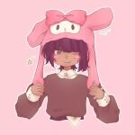  black_hair blush bow brown_sweater character_hat cosplay dark_skin fang ghost_and_pals hair_bow hat lumi_omena_ee my_melody my_melody_(cosplay) my_melody_(series) one_eye_closed pink_background pink_bow pink_hat pink_theme pulling_own_clothes qualia_automata sanrio shirt simple_background squeezing_headwear star_(symbol) sweater tamari_(team6x111) team6x111 third-party_source uneven_bangs white_shirt yellow_eyes 