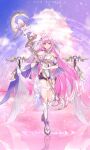  1girl black_shorts boots breasts chocola_s commentary corset diamond-shaped_pupils diamond_(shape) elysia_(herrscher_of_human:_ego)_(honkai_impact) elysia_(honkai_impact) highres holding holding_staff honkai_(series) honkai_impact_3rd large_breasts long_hair looking_at_viewer multicolored_hair pink_hair pink_water purple_eyes purple_sky short_shorts shorts sky solo staff standing standing_on_liquid symbol-shaped_pupils two-tone_hair very_long_hair white_boots white_corset white_hair 