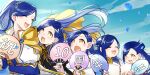  +_+ 5girls black_dress blue_dress blue_hair blue_sky book braid cape celebration closed_eyes cloud cloudy_sky commentary_request day dress drooling eighth_note flower hair_bun hair_flower hair_ornament hand_fan highres holding holding_book holding_fan honzuki_no_gekokujou jewelry leaning_forward long_hair looking_at_another looking_back multiple_girls multiple_persona musical_note myne_(honzuki_no_gekokujou) open_mouth outdoors own_hands_together paper_fan partial_commentary petals ponytail ring san+ sky smile smug sparkle textless_version time_paradox translated twitter_username two-tone_dress very_long_hair white_dress wind yellow_cape yellow_eyes 