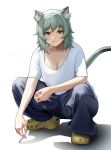  1girl :3 absurdres animal_ear_fluff animal_ears blue_pants breasts brown_eyes cat_ears cat_girl cat_tail cigarette cleavage crocs grey_hair highres holding holding_cigarette looking_at_viewer mouth_hold orange_eyes pants sachihiro satou_yaniko shadow shirt short_hair short_sleeves simple_background smoking solo squatting tail white_background white_shirt yani_neko 