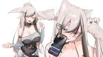  1girl :p absurdres animal_ears bell black_nails breasts brown_hair cat_ears cellphone character_request cleavage collar colored_eyelashes commentary copyright_request head_wings highres holding holding_phone light_blush long_hair looking_at_viewer miko_(0_sukii) multicolored_hair multiple_views neck_bell off-shoulder_shirt off_shoulder phone pointy_ears shirt smartphone solo spiked_collar spikes tongue tongue_out two-tone_hair upper_body white_background wings 