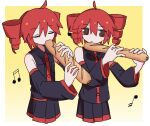  2girls ahoge baguette border bread clone closed_eyes detached_sleeves drill_hair food gradient_background heart heart_ahoge holding holding_food holding_instrument instrument kasane_teto kasane_teto_(utau) long_sleeves looking_at_viewer miniskirt mizhou_(mzhu112646) multiple_girls musical_note outside_border playing_instrument pleated_skirt red_eyes red_hair shirt skirt sleeveless sleeveless_shirt twin_drills utau white_border yellow_background 