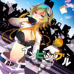  aiguillette bikini_top blonde_hair breasts goggles goggles_on_head green_eyes green_hair gumi hair_ribbon highres invisible_(vocaloid) kagamine_rin looking_at_viewer medium_breasts midriff multiple_girls navel ribbon saine short_hair thighhighs vocaloid 