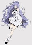  1girl absurdres bare_shoulders blue_eyes bow bowtie closed_mouth clothing_cutout commentary cross dress frilled_dress frills full_body hair_ribbon highres kyorenagi_ovo long_hair original purple_hair ribbon shoes shoulder_cutout simple_background solo thighs white_dress 