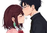  1boy 1girl ayase_momo black_choker black_hair black_jacket blush bow bowtie brown_hair choker closed_eyes closed_mouth commentary_request couple dandadan earrings from_side gakuran glasses hetero highres jacket jewelry kami_high_school_uniform kiss kissing_forehead loose_bowtie medium_hair nandemo_unknown pink_sweater profile red_bow red_bowtie round_eyewear school_uniform shirt short_hair sweatdrop sweater takakura_ken_(dandadan) twitter_username upper_body white_background white_shirt wing_collar 