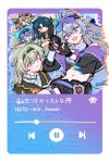  1boy 1other 3girls baseball_cap belt black_gloves black_headband black_jacket black_shorts blade_(honkai:_star_rail) blue_background blue_hair border brown_shirt circuit_board_print commentary_request crop_top cropped_jacket drill_hair eyewear_on_head fingerless_gloves firefly_(honkai:_star_rail) gloves gradient_background gradient_hair grey_hair hair_between_eyes hair_over_one_eye hat headband highres honkai:_star_rail honkai_(series) hood hooded_jacket jacket kafka_(honkai:_star_rail) long_bangs long_hair long_sidelocks media_player_interface multicolored_hair multiple_girls pause_button portrait purple_background purple_belt purple_hair raccoon round_eyewear shirt shorts sidelocks silver_wolf_(honkai:_star_rail) silver_wolf_(lv.999)_(honkai:_star_rail) sunglasses thigh_strap trailblazer_(baseball_raccoon)_(honkai:_star_rail) trailblazer_(honkai:_star_rail) translation_request u_y_str upper_body white_border white_shirt 