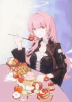  apple apple_costume apple_peel apple_pie arknights bitten_apple black_jacket chinese_commentary closed_mouth commentary_request cupcake detached_wings exusiai_(apple)_(arknights) exusiai_(arknights) food food_bite fruit halo highres holding holding_spoon ice_cream jacket lemuen_(arknights) long_hair long_sleeves looking_at_viewer mini_person minigirl ning_meng_ni pie pink_eyes pink_hair sitting smile spoon table traditional_halo upper_body wings 