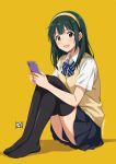  1girl :d aged_down alternate_hair_length_(longer) black_skirt black_thighhighs blue_bow blue_bowtie bow bowtie brown_eyes cellphone collared_shirt commentary_request full_body green_hair hairband highres holding holding_phone idolmaster idolmaster_(classic) knees_up long_hair looking_at_viewer miniskirt mole mole_under_mouth no_shoes open_mouth otonashi_kotori phone pleated_skirt ponpon school_uniform shirt short_sleeves simple_background sitting skirt smartphone smile solo striped_bow striped_bowtie striped_clothes sweater_vest thighhighs white_shirt yellow_background yellow_hairband yellow_sweater_vest 