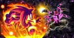  2boys absurdres aura bracelet bracer commentary darkspine_sonic english_commentary erazor_djinn fiery_aura fighting fighting_stance genie glowing glowing_bracelet glowing_eyes hedgehog_boy highres jewelry multiple_boys pocho22059768 sonic_(series) sonic_and_the_secret_rings sonic_the_hedgehog spiked_hair tail 