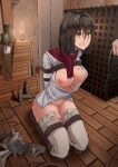  1boy 1girl absurdres bdsm black_collar black_eyes black_hair bondage boots bottle bound breasts brown_boots candle collar commentary cuts frogtie grimace harris_hero highres holding holding_whip injury kidnapped large_breasts medium_hair mikasa_ackerman nipples pants red_scarf restrained rope scarf shibari shingeki_no_kyojin shirt survey_corps_(emblem) tied_to_pole whip whip_marks white_pants white_shirt 