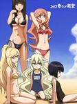  5girls akb0048 awa beach bikini black_hair blonde_hair brown_eyes brown_hair character_request fairy_tail green_eyes head_wings kojima_haruna kojima_haruna_(akb0048) long_hair mavis_vermilion multiple_girls pink_eyes purple_eyes school_swimsuit swimsuit 