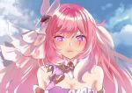  1girl bare_shoulders blue_sky breasts chocola_s cleavage commentary corset diamond-shaped_pupils diamond_(shape) elysia_(herrscher_of_human:_ego)_(honkai_impact) elysia_(honkai_impact) english_commentary hair_ornament honkai_(series) honkai_impact_3rd large_breasts long_hair looking_at_viewer multicolored_hair pink_hair portrait purple_eyes sky solo symbol-shaped_pupils triquetra two-tone_hair white_corset white_hair 