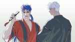  2boys absurdres archer_(fate) blue_hair cu_chulainn_(fate) cu_chulainn_(kyomaf_2026)_(fate) cu_chulainn_(lancer)_(fate) dark-skinned_male dark_skin earrings fate/extra fate/extra_record fate/grand_order fate_(series) hair_tubes hand_fan highres holding holding_fan japanese_clothes jewelry kimono long_hair male_focus multiple_boys open_mouth red_eyes short_hair simple_background single_hair_tube smile upper_body white_background white_hair xom3thing yukata 
