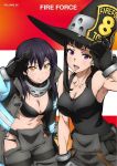  2girls adjusting_clothes adjusting_headwear armor armpits artist_request bikini bikini_top_only black_bikini black_coat black_gloves black_hair black_hat black_tank_top blu-ray_cover blue_trim breasts cleavage closed_mouth coat collarbone copyright_name cover cover_page en'en_no_shouboutai firefighter firefighter_jacket gloves grey_pants hat jacket large_breasts long_hair looking_at_viewer maki_oze medium_breasts medium_hair multiple_girls navel neck_armor neon_trim official_art open_mouth pants purple_eyes salute sidelocks split_mouth stomach swimsuit tamaki_kotatsu tank_top tongue twintails upper_body witch_hat yellow_eyes 