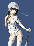  baseball baseball_bat baseball_jersey blue_eyes breasts brown_hair cleavage contrapposto helmet highres major medium_breasts no_pants panties pas_(paxiti) shimizu_kaoru short_hair simple_background smile solo standing thighhighs underwear white_legwear white_panties 