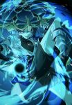  1boy arm_at_side armor black_bodysuit black_bow black_bridal_gauntlets black_hole black_sandals black_shorts blue_background blue_cape blue_eyes blue_gem blue_hair blue_hat blue_jingasa blue_theme blunt_ends bodysuit bow bridal_gauntlets bright_pupils cape commentary_request feathers fox_shadow_puppet gem genshin_impact gold hakama hakama_shorts hand_up hat highres japanese_armor japanese_clothes jingasa juban kimono knee_up kote kurokote leg_warmers long_eyelashes looking_at_viewer male_focus mkr_aknk714 open_clothes open_kimono open_mouth pleated_shorts purple_rope rope sandals scaramouche_(genshin_impact) short_sleeves shorts shoulder_peek side_cape solo stirrup_legwear toeless_legwear tsurime vortex wanderer_(genshin_impact) white_kimono white_leg_warmers white_pupils wolf_cut yellow_feathers zouri 