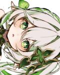  1girl bare_shoulders blush braid commentary_request cross-shaped_pupils gem genshin_impact green_eyes green_gem green_hair hair_between_eyes hair_ornament haru_sakura3915 heart heart_hair_ornament highres jewelry leaf_hair_ornament looking_at_viewer multicolored_hair nahida_(genshin_impact) open_mouth pendant pointy_ears side_braid side_ponytail sidelocks simple_background single_braid solo symbol-shaped_pupils two-tone_hair upper_body white_background white_hair yellow_pupils 