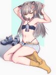  1girl absurdres anger_vein animal_ears armpits arms_behind_head arms_up bare_arms bare_shoulders belt bikini blue_bikini blue_choker cat_ears choker cutoffs extra_ears flat_chest frown girls'_frontline grey_hair hair_tie_in_mouth highleg highleg_bikini highres leva_(girls'_frontline_2) leva_(sultry_tempo)_(girls'_frontline_2) long_hair looking_at_viewer micro_shorts mouth_hold navel official_alternate_costume open_fly phi_str scar scar_across_eye scar_on_face shoes shorts socks solo stomach strapless strapless_bikini swimsuit thighs tying_hair ump45_(girls'_frontline) unworn_shoes v-shaped_eyebrows white_shorts yellow_eyes yellow_socks 