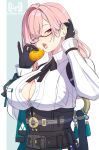  1girl black_gloves black_skirt blush breasts button_gap cleavage commentary cowboy_shot eating english_commentary food glasses gloves hair_between_eyes half-closed_eyes high-waist_skirt highres holding holding_food large_breasts long_hair looking_at_viewer notcy4n open_mouth partially_unbuttoned pink_eyes pink_hair ring_hair_ornament saliva saliva_trail sidelocks simple_background skirt solo teeth tsukishiro_yanagi zenless_zone_zero 