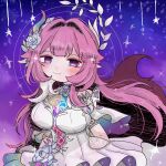  1girl breasts commentary cyrene_(demiurge)_(honkai:_star_rail) cyrene_(honkai:_star_rail) diamond-shaped_pupils diamond_(shape) dress flower hair_flower hair_ornament highres honkai:_star_rail honkai_(series) large_breasts long_hair looking_at_viewer multicolored_hair nenetco37 pink_hair pointy_ears purple_eyes sky smile solo star_(sky) starry_sky symbol-shaped_pupils two-tone_hair very_long_hair white_dress white_hair 