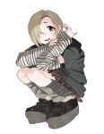  1girl arm_warmers black_nails black_shirt black_shoes blonde_hair brown_eyes commentary_request ear_piercing grey_leg_warmers hair_over_one_eye hichi_(27zwniq) highres idolmaster idolmaster_cinderella_girls leg_warmers looking_at_viewer miniskirt nail_polish one_eye_covered open_mouth pale_skin piercing plaid_clothes plaid_skirt pleated_skirt shirasaka_koume shirt shoes short_hair short_sleeves skirt smile solo squatting striped_arm_warmers white_background 