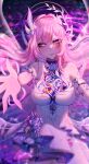  1girl absurdres bare_shoulders breasts commentary cyrene_(demiurge)_(honkai:_star_rail) cyrene_(honkai:_star_rail) diamond-shaped_pupils diamond_(shape) dress earrings english_commentary flower hair_flower hair_ornament halo hibahria highres honkai:_star_rail honkai_(series) jewelry large_breasts long_hair looking_at_viewer multicolored_hair outstretched_arms pink_hair planet_earrings pointy_ears purple_eyes reaching reaching_towards_viewer solo symbol-shaped_pupils two-tone_hair very_long_hair white_dress white_hair 