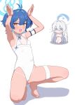  2girls absurdres antenna_hair bare_legs barefoot blackness_(blackness661) blue_archive blue_hair blue_halo blue_ribbon blush borrowed_clothes chibi colored_eyelashes colored_inner_hair commentary completely_nude cosplay covered_navel covering_breasts covering_privates detached_collar double-parted_bangs english_commentary fang flat_chest flying_sweatdrops hair_intakes hair_ornament halo highleg highleg_one-piece_swimsuit highres kneeling long_hair looking_at_viewer makina_(blue_archive) multicolored_hair multiple_girls neck_ribbon nude one-piece_swimsuit open_mouth orca_hair_ornament rabbit_pose ribbon sayuri_(blue_archive) sayuri_(blue_archive)_(cosplay) short_hair simple_background skin_fang squatting swimsuit tanlines thigh_strap tiptoes two_side_up very_long_hair white_background white_eyelashes white_hair white_one-piece_swimsuit x_hair_ornament yellow_eyes 