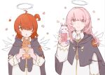  2girls :o aged_down arknights black_capelet capelet chinese_commentary closed_mouth commentary_request detached_wings exusiai_(arknights) exusiai_(young)_(arknights) halo highres holding holding_phone laterano_school_uniform lemuen_(arknights) lemuen_(young)_(arknights) long_hair long_sleeves looking_at_viewer multiple_girls ning_meng_ni one_side_up ornate_phone_case phone pink_eyes pink_hair school_uniform shirt simple_background smile traditional_halo upper_body white_background white_shirt wings 