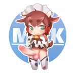  1boy animal_ears animal_print bell bikini bow chawanmushi_(steamedeggz) chibi cow_ears cow_horns cow_print cow_print_bikini cow_tail erection full_body green_eyes hair_bow highres horns large_penis maid_headdress male_focus neck_bell original penis print_bikini red_bow short_eyebrows solo swimsuit tail 
