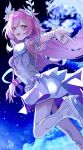  1girl breasts commentary cyrene_(demiurge)_(honkai:_star_rail) cyrene_(honkai:_star_rail) diamond-shaped_pupils diamond_(shape) dress earrings flower h2o_omizu hair_flower hair_ornament highres honkai:_star_rail honkai_(series) jewelry long_hair looking_at_viewer medium_breasts multicolored_hair night open_mouth pink_hair planet_earrings pointy_ears purple_eyes sky smile solo star_(sky) starry_sky symbol-shaped_pupils two-tone_hair very_long_hair white_dress white_hair 
