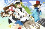  2boys baseball_cap blue_eyes brown_eyes brown_hair denim denim_shorts green_eyes green_hair hat jacket kurot long_hair male_focus multiple_boys n_(pokemon) pokemon pokemon_(game) pokemon_bw ponytail shorts smile touko_(pokemon) touya_(pokemon) vest wristband 