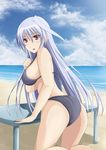  :o absurdres ass beach bikini blush breasts cloud day highres inoshira kneeling large_breasts long_hair looking_back lyrical_nanoha mahou_shoujo_lyrical_nanoha mahou_shoujo_lyrical_nanoha_a's ocean outdoors red_eyes reinforce sideboob silver_hair sky solo swimsuit table 