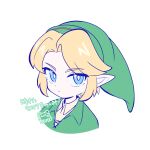  1boy 8ra_jelly blue_eyes closed_mouth collared_shirt commentary cropped_shoulders curtained_hair dot_nose frown green_hat green_shirt hat highres link long_pointy_ears looking_to_the_side male_focus pointy_ears shirt sideways_glance simple_background solo the_legend_of_zelda the_legend_of_zelda:_ocarina_of_time translated white_background white_shirt wing_collar young_link 