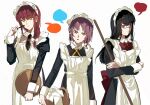 3girls absurdres apron basket black_hair black_necktie broom chainsaw_man collared_shirt colored_speech_bubble commentary crossed_arms death_devil_(chainsaw_man) ear_piercing earrings enmaided fami_(chainsaw_man) hair_ribbon highres holding holding_basket holding_broom jewelry long_hair long_sidelocks long_sleeves looking_at_viewer maid maid_apron maid_headdress makima_(chainsaw_man) mole mole_under_each_eye mole_under_eye mole_under_mouth multiple_girls multiple_moles neck_ribbon necktie piercing pink_eyes purple_hair red_eyes red_hair red_ribbon ribbon ringed_eyes scar scar_on_cheek scar_on_face scar_on_nose shirt siblings sidelocks sisters speech_bubble tassel tassel_earrings upper_body yellow_eyes yijiao_wuran yoru_(chainsaw_man) 