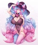  1girl absurdres animal_ears asymmetrical_legwear bare_shoulders black_hat black_leotard blue_eyes blue_hair blue_thighhighs blush bow bowtie breasts cameltoe cleavage cleavage_cutout closed_mouth clothing_cutout commentary covered_navel covered_nipples fang fingernails gradient_hair hair_between_eyes hair_bow hand_on_own_chest hat heart_cutout highleg highleg_leotard highres indie_virtual_youtuber kneeling large_breasts leotard lips long_hair looking_at_viewer mismatched_legwear mismatched_thighhighs miuq_chan multicolored_hair nail_polish pink_bow pink_bowtie pink_hair pink_nails pink_thighhighs silvervale sleeveless sleeveless_turtleneck solo thighhighs turtleneck turtleneck_leotard very_long_hair virtual_youtuber white_background witch_hat wolf_ears wolf_girl 