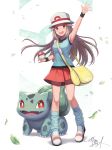  1girl arm_up bag brown_hair bucket_hat bulbasaur commentary_request falling_leaves hat highres holding holding_poke_ball knees leaf leaf_(pokemon) long_hair loose_socks monogusa pleated_skirt poke_ball poke_ball_(basic) pokemon pokemon_(creature) pokemon_firered_and_leafgreen shirt shoes shoulder_bag signature skirt sleeveless sleeveless_shirt socks spread_fingers standing white_background white_hat wristband yellow_bag 