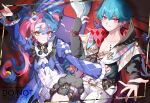  1boy 1girl art_trade blue_hair blue_hat brant_(wuthering_waves) closed_mouth coat commentary_request dress eye_mask hair_ornament hat heterochromia highres kado_51 long_sleeves looking_at_viewer mask mask_on_head multicolored_hair open_clothes open_shirt pants pero_(wuthering_waves) pink_eyes pink_hair purple_coat roccia_(wuthering_waves) smile tacet_mark_(wuthering_waves) twintails two-tone_hair white_dress white_pants wuthering_waves 